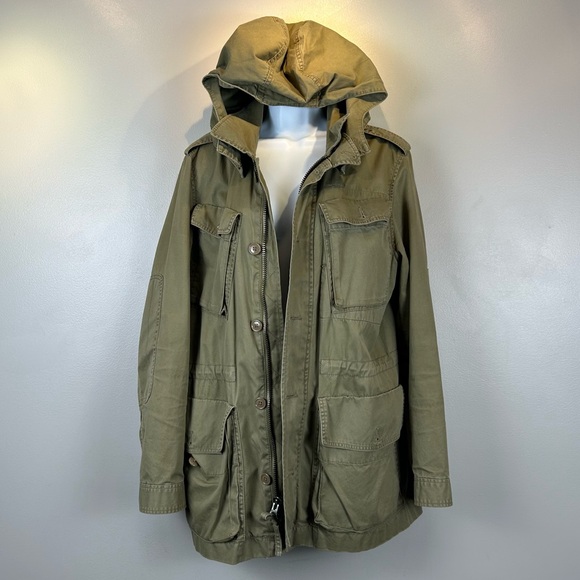 J Crew Field Jacket Womens L Olive Green Cotton Military Anorak Ripstop Hooded - Picture 3 of 11